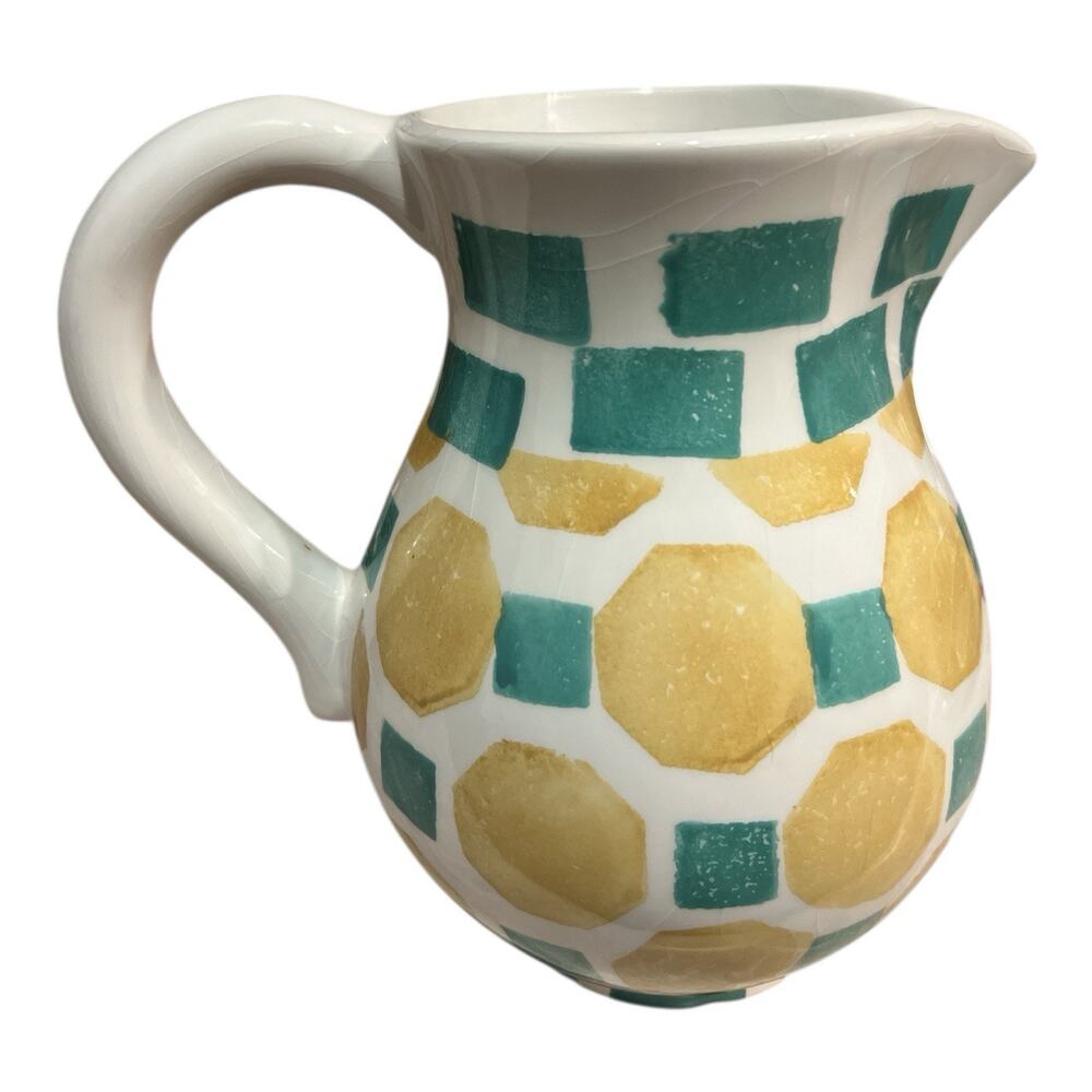 VTG Ethan Allen Yellow& Green Glazed Pitcher Made In Italy Mid-Century Modern
